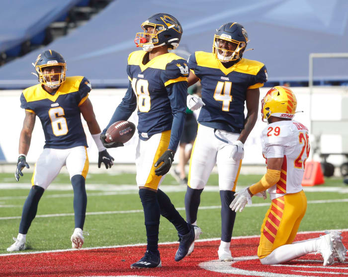 The Memphis Showboats wide receiver Ryan McDaniel (18) celebrates after catching a touchdown pass against the Philadelphia Stars at the Simmons Liberty Bank Stadium in Memphis. Memphis Showboats